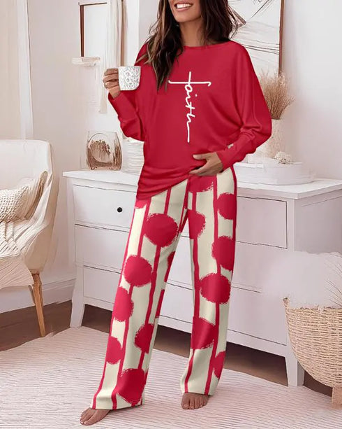 2 Pieces Outfit Heart & Let me sleep Slogan Print Long Sleeve Top and Christmas Tree & Snowflake Print Colorblock Elastic Waist Pants Set Casual Christmas Pajamas Set red