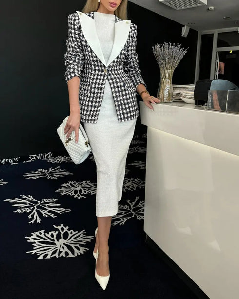 Houndstooth Print Shawl Collar Single Breasted Flap Detail Jacket Casual Colorblock Tweed Coat black