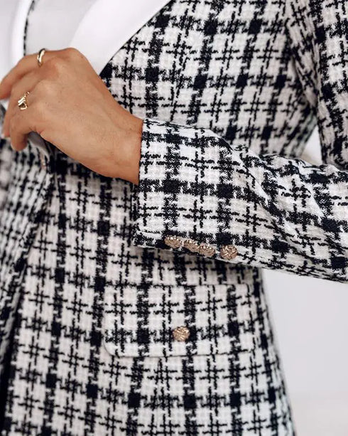 Houndstooth Print Shawl Collar Single Breasted Flap Detail Jacket Casual Colorblock Tweed Coat black