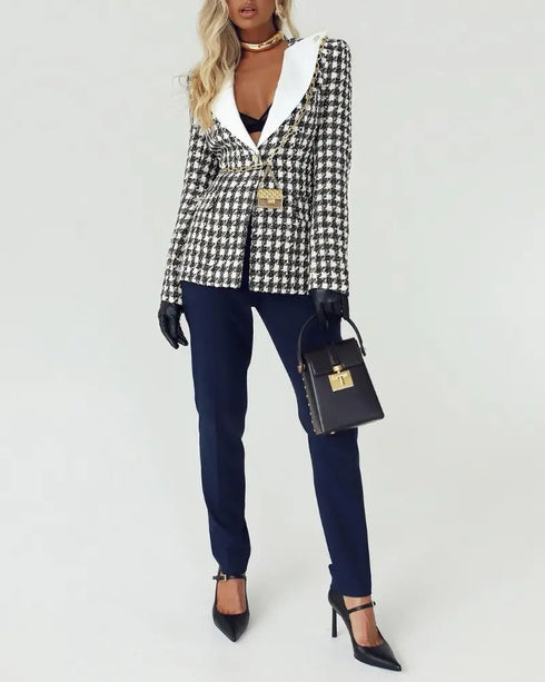 Houndstooth Print Shawl Collar Single Breasted Flap Detail Jacket Casual Colorblock Tweed Coat black