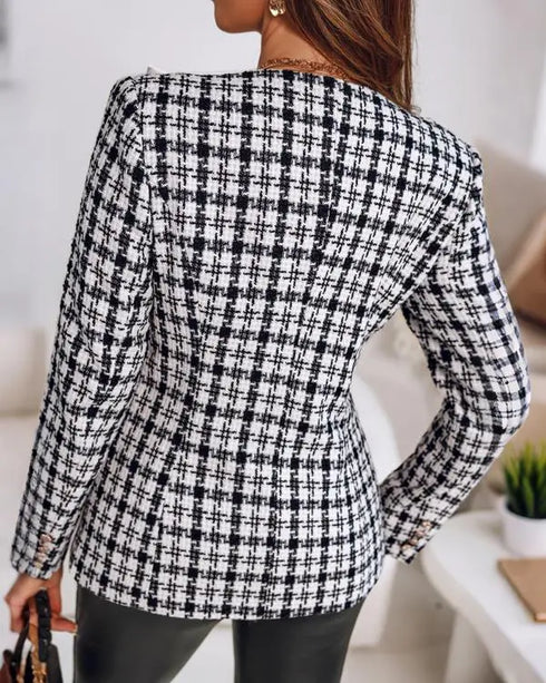 Houndstooth Print Shawl Collar Single Breasted Flap Detail Jacket Casual Colorblock Tweed Coat black