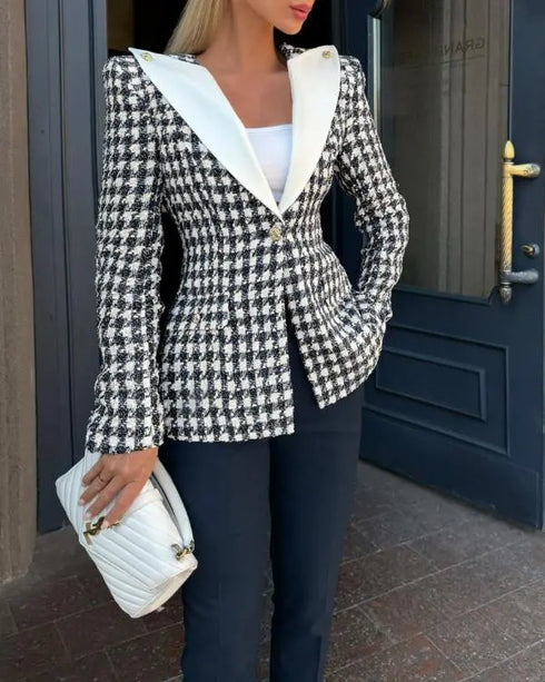Houndstooth Print Shawl Collar Single Breasted Flap Detail Jacket Casual Colorblock Tweed Coat black