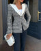 Houndstooth Print Shawl Collar Single Breasted Flap Detail Jacket Casual Colorblock Tweed Coat black