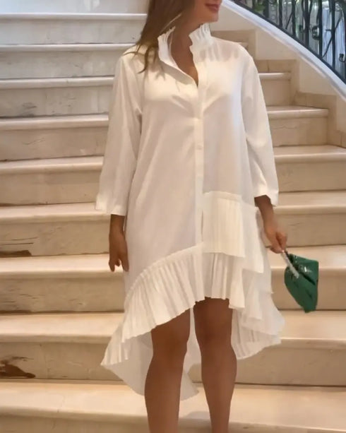 Pleated High Neck Button Down Asymmetrical Pleated Ruffle Hem Vacation Dress Casual High-Low Hem Loose Dress white