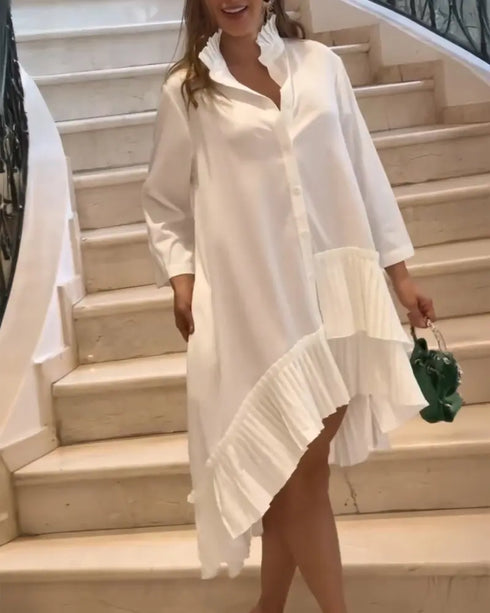 Pleated High Neck Button Down Asymmetrical Pleated Ruffle Hem Vacation Dress Casual High-Low Hem Loose Dress white