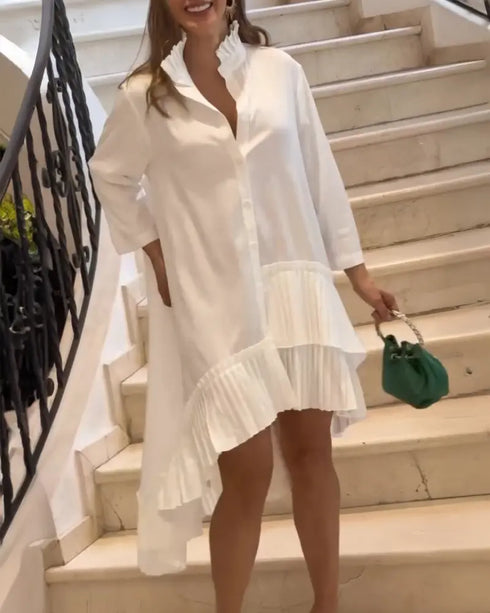 Pleated High Neck Button Down Asymmetrical Pleated Ruffle Hem Vacation Dress Casual High-Low Hem Loose Dress white