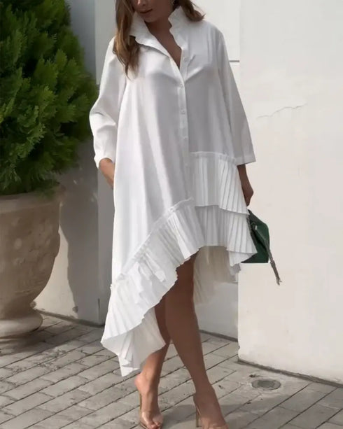 Pleated High Neck Button Down Asymmetrical Pleated Ruffle Hem Vacation Dress Casual High-Low Hem Loose Dress white