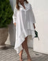 Pleated High Neck Button Down Asymmetrical Pleated Ruffle Hem Vacation Dress Casual High-Low Hem Loose Dress white