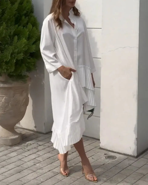 Pleated High Neck Button Down Asymmetrical Pleated Ruffle Hem Vacation Dress Casual High-Low Hem Loose Dress white