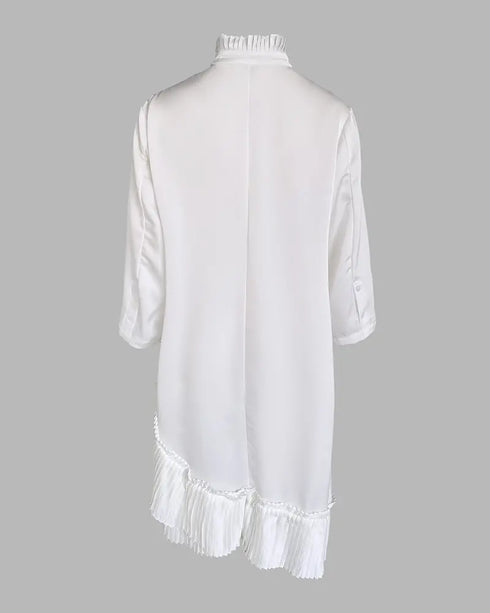 Pleated High Neck Button Down Asymmetrical Pleated Ruffle Hem Vacation Dress Casual High-Low Hem Loose Dress white