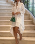 Pleated High Neck Button Down Asymmetrical Pleated Ruffle Hem Vacation Dress Casual High-Low Hem Loose Dress white