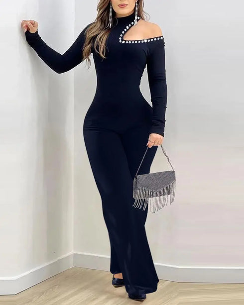 Rhinestone Decor Halter Cold Shoulder Long Sleeve Overalls Hollow-out Front Zipper Back Jumpsuit with Belt black