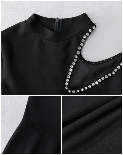 Rhinestone Decor Halter Cold Shoulder Long Sleeve Overalls Hollow-out Front Zipper Back Jumpsuit with Belt black