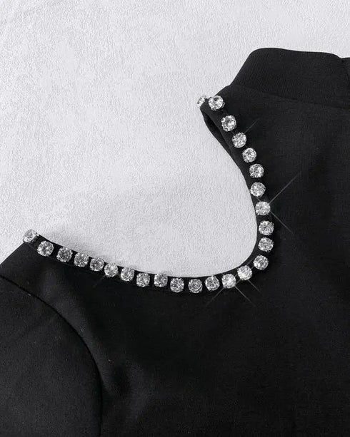 Rhinestone Decor Halter Cold Shoulder Long Sleeve Overalls Hollow-out Front Zipper Back Jumpsuit with Belt black