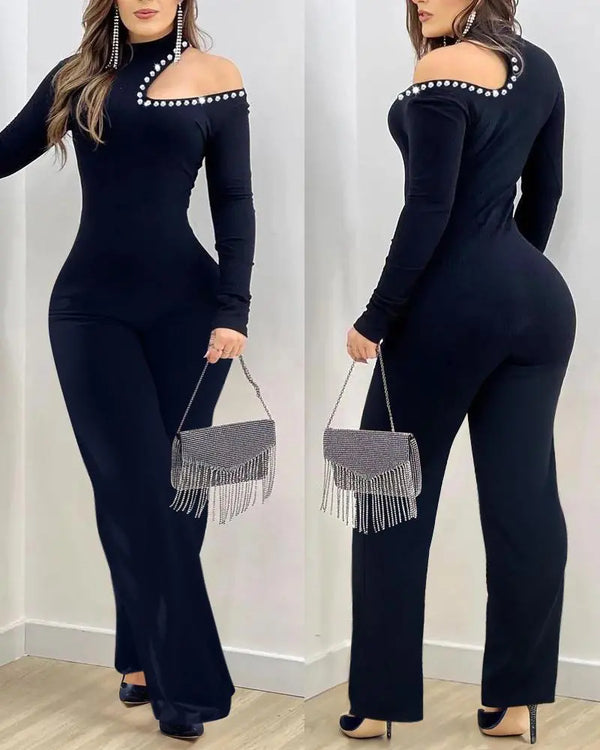Rhinestone Decor Halter Cold Shoulder Long Sleeve Overalls Hollow-out Front Zipper Back Jumpsuit with Belt black