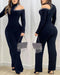 Rhinestone Decor Halter Cold Shoulder Long Sleeve Overalls Hollow-out Front Zipper Back Jumpsuit with Belt black
