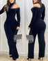 Rhinestone Decor Halter Cold Shoulder Long Sleeve Overalls Hollow-out Front Zipper Back Jumpsuit with Belt black