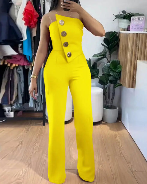 Asymmetrical Bandeau Strapless Jumpsuit Metal Button Decor Casual Overalls yellow