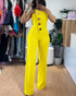 Asymmetrical Bandeau Strapless Jumpsuit Metal Button Decor Casual Overalls yellow
