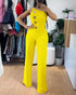 Asymmetrical Bandeau Strapless Jumpsuit Metal Button Decor Casual Overalls yellow
