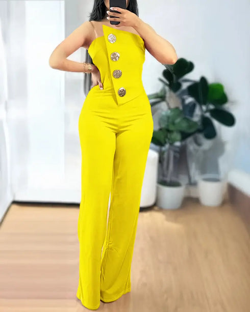 Asymmetrical Bandeau Strapless Jumpsuit Metal Button Decor Casual Overalls yellow