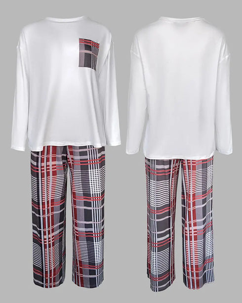 2 Pieces Outfit Letter and Heart Print Long Sleeve Top and Casual Plaid Pnats Sets with Pocket white