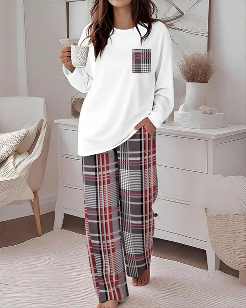 2 Pieces Outfit Reindeer Print Long Sleeve Drop Shoulder Top and Christmas Print Colorblock Elastic Waist Pants Set Casual Pajamas Set white