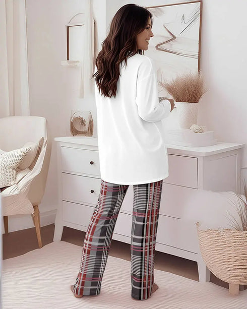 Floral Butterfly Print Round Neck Long Sleeve Top and Causal Pants Set with Pocket white