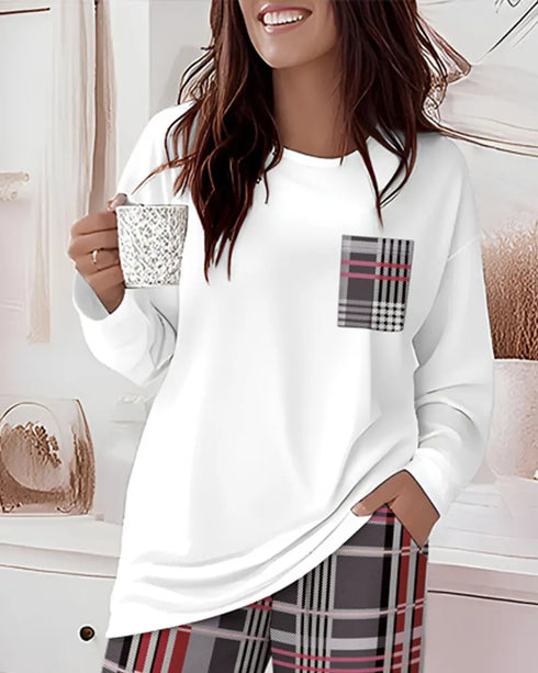 2 Pieces Outfit Heart & Let me sleep Slogan Print Long Sleeve Top and Christmas Tree & Snowflake Print Colorblock Elastic Waist Pants Set Casual Christmas Pajamas Set white