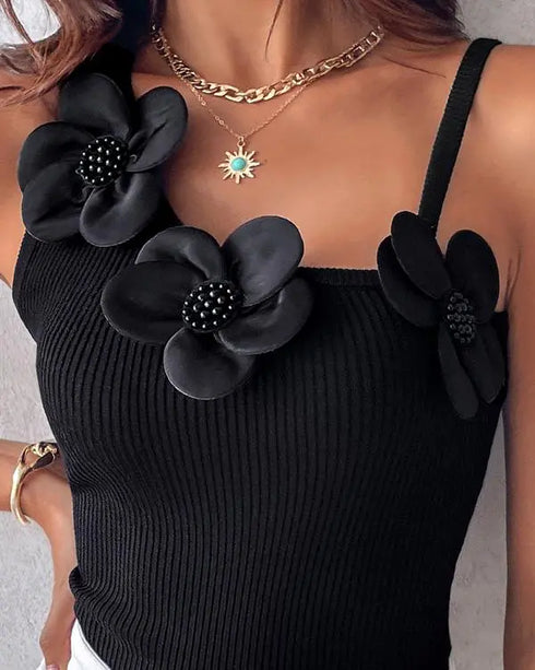 2 Pack Solid 3D Flower Tank Top Asymmetrical Neck Sleeveless Casual Ribbed Knit Camisole black