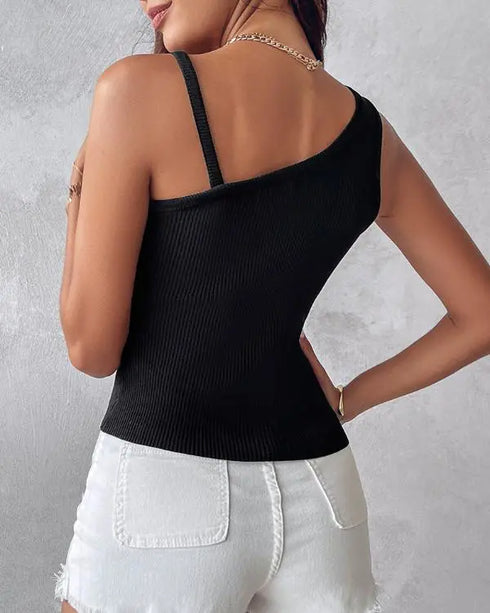 1PC Floral Pattern Beaded Decor Knit Tank Top Sleeveless Shirt black