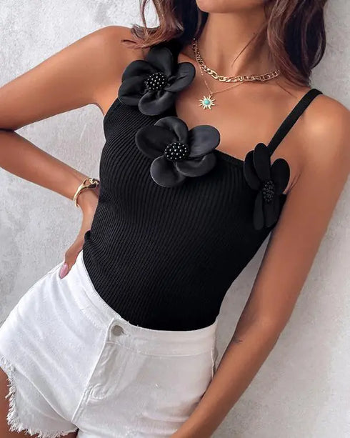 1PC Floral Pattern Beaded Decor Knit Tank Top Sleeveless Shirt black