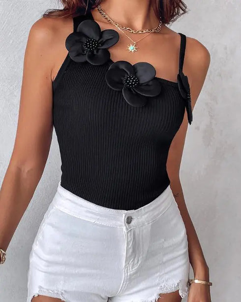 1PC Floral Pattern Beaded Decor Knit Tank Top Sleeveless Shirt black