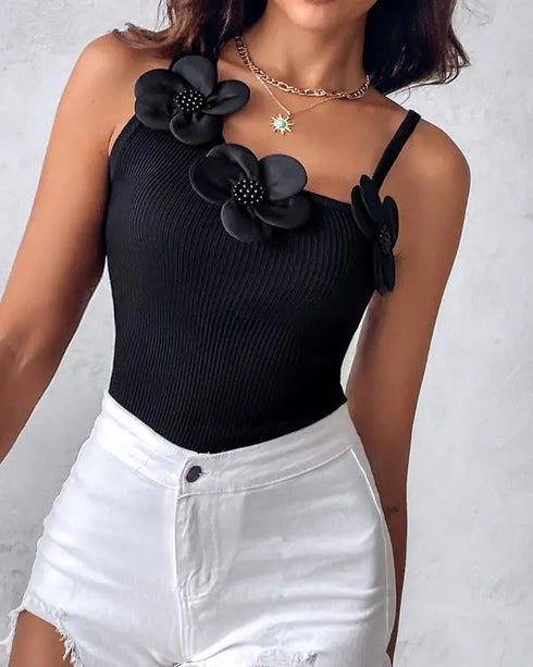 2 Pack Solid 3D Flower Tank Top Asymmetrical Neck Sleeveless Casual Ribbed Knit Camisole black