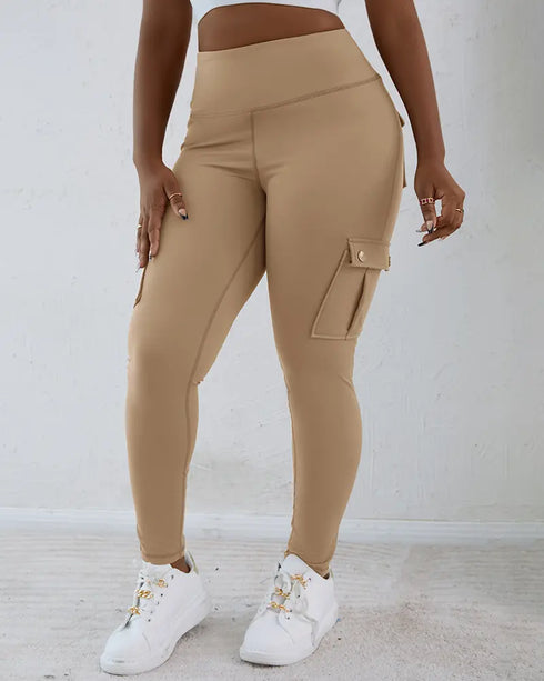 Camouflage Print High Waist Skinny Leggings with Cargo Flap Pockets Casual Pants khaki