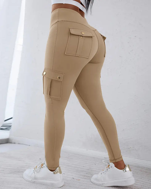 Butt Lifting Leggings with Flap Pockets High Waist Tummy Control Workout Cargo Pants khaki