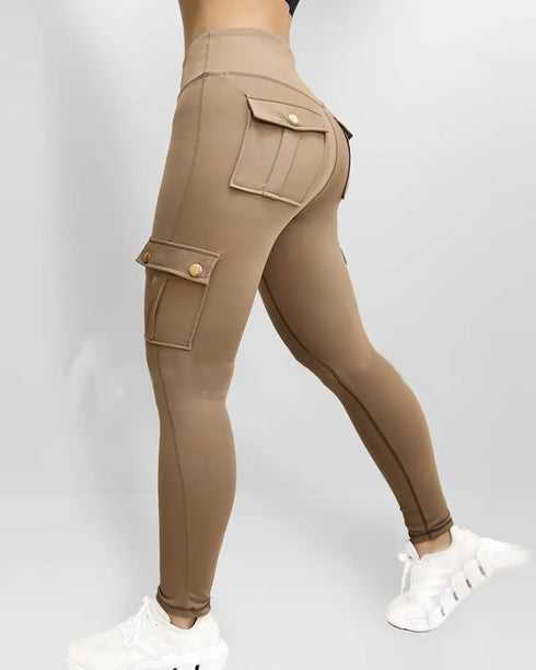 High Waist Tummy Control Butt Lifting Denim Look Leggings Stretchy Yoga Pants with Flap Pockets khaki