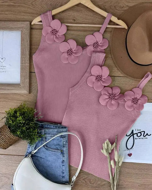 2 Pack Solid 3D Flower Tank Top Asymmetrical Neck Sleeveless Casual Ribbed Knit Camisole pink