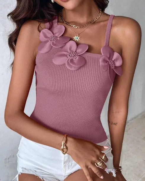 1PC Floral Pattern Beaded Decor Knit Tank Top Sleeveless Shirt pink