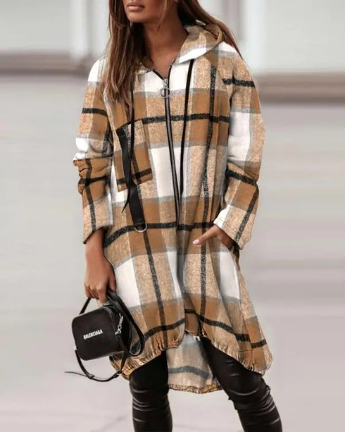 Plaid Pattern Shacket Jacket Zip Up Oversized Longline Shirt Casual Hooded Coats with Pockets brown