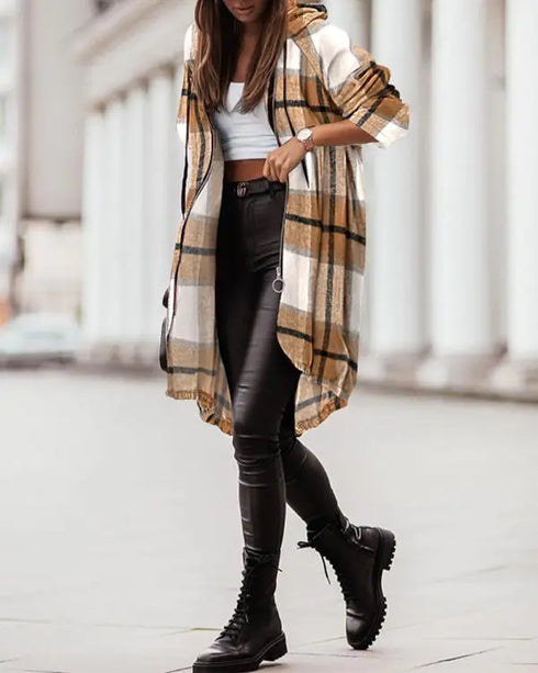 Plaid Pattern Shacket Jacket Zip Up Oversized Longline Shirt Casual Hooded Coats with Pockets brown