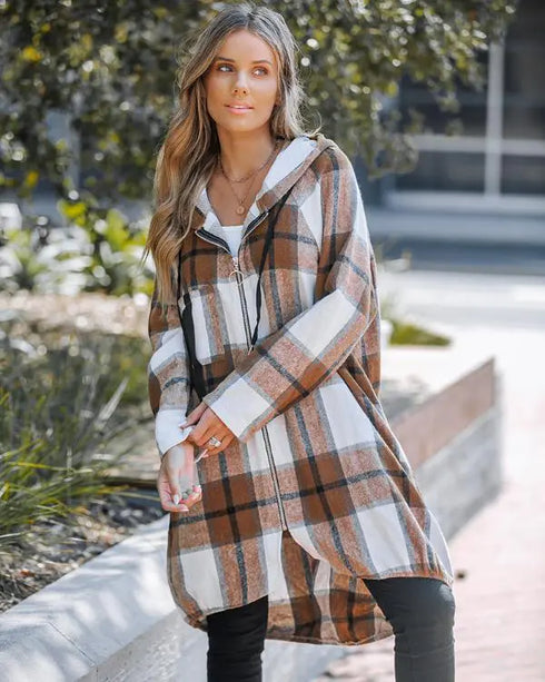 Plaid Pattern Shacket Jacket Zip Up Oversized Longline Shirt Casual Hooded Coats with Pockets brown