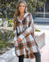 Plaid Pattern Shacket Jacket Zip Up Oversized Longline Shirt Casual Hooded Coats with Pockets brown