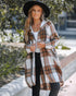 Plaid Pattern Shacket Jacket Zip Up Oversized Longline Shirt Casual Hooded Coats with Pockets brown
