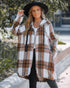 Plaid Pattern Shacket Jacket Zip Up Oversized Longline Shirt Casual Hooded Coats with Pockets brown