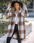 Plaid Pattern Shacket Jacket Zip Up Oversized Longline Shirt Casual Hooded Coats with Pockets brown