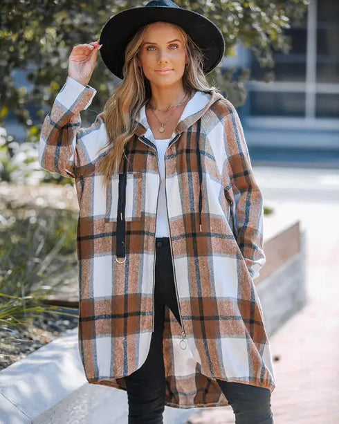 Plaid Pattern Shacket Jacket Zip Up Oversized Longline Shirt Casual Hooded Coats with Pockets brown