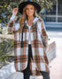 Plaid Pattern Shacket Jacket Zip Up Oversized Longline Shirt Casual Hooded Coats with Pockets brown