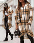 Plaid Pattern Shacket Jacket Zip Up Oversized Longline Shirt Casual Hooded Coats with Pockets brown