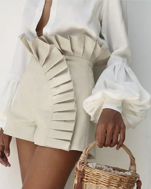 Ruffle Hem Ruched High Waist Shorts beige